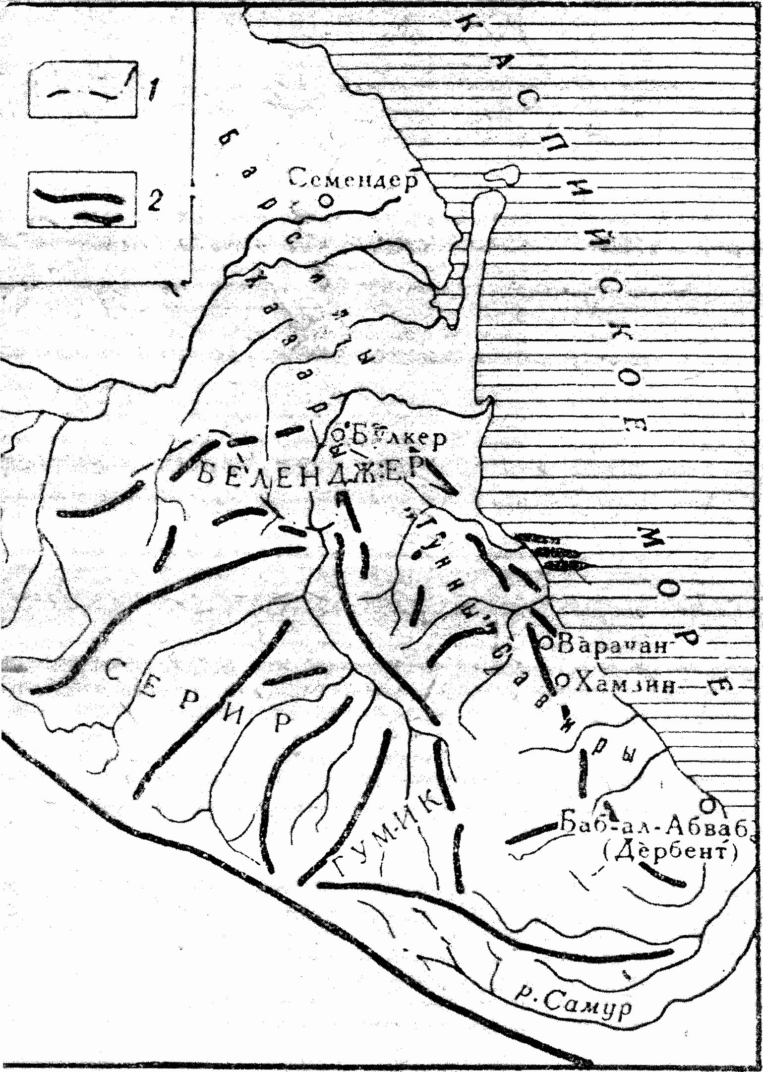 Северо-Восточный Дагестан в VII—VIII вв. 1 — южная граница «степной» культуры. 2 — горные хребты