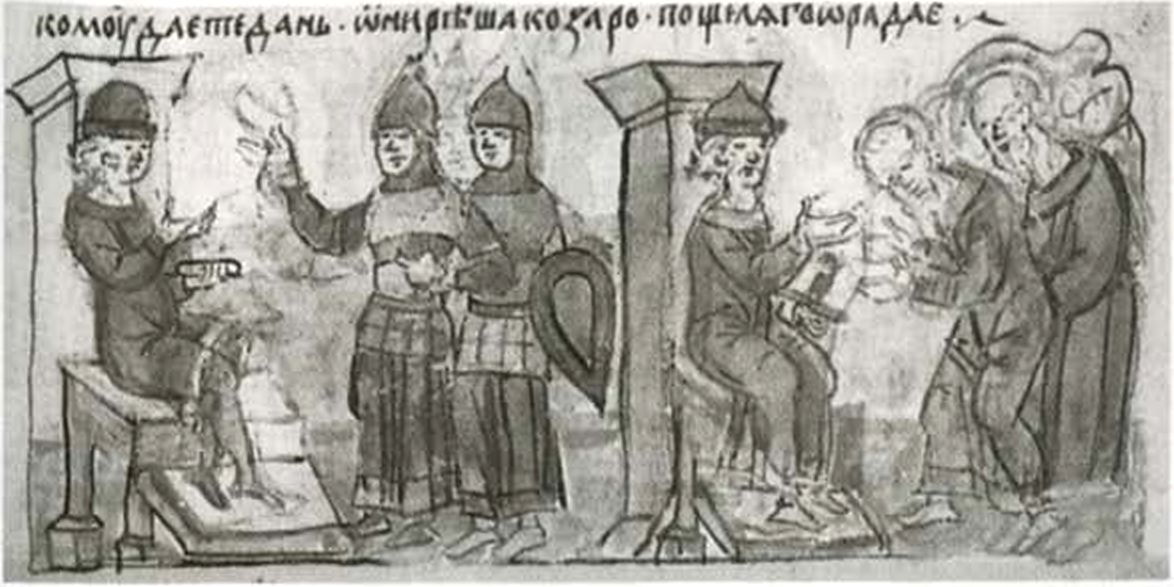 Святослав беседует с вятичскими старейшинами. Миниатюра Радзивиловской летописи