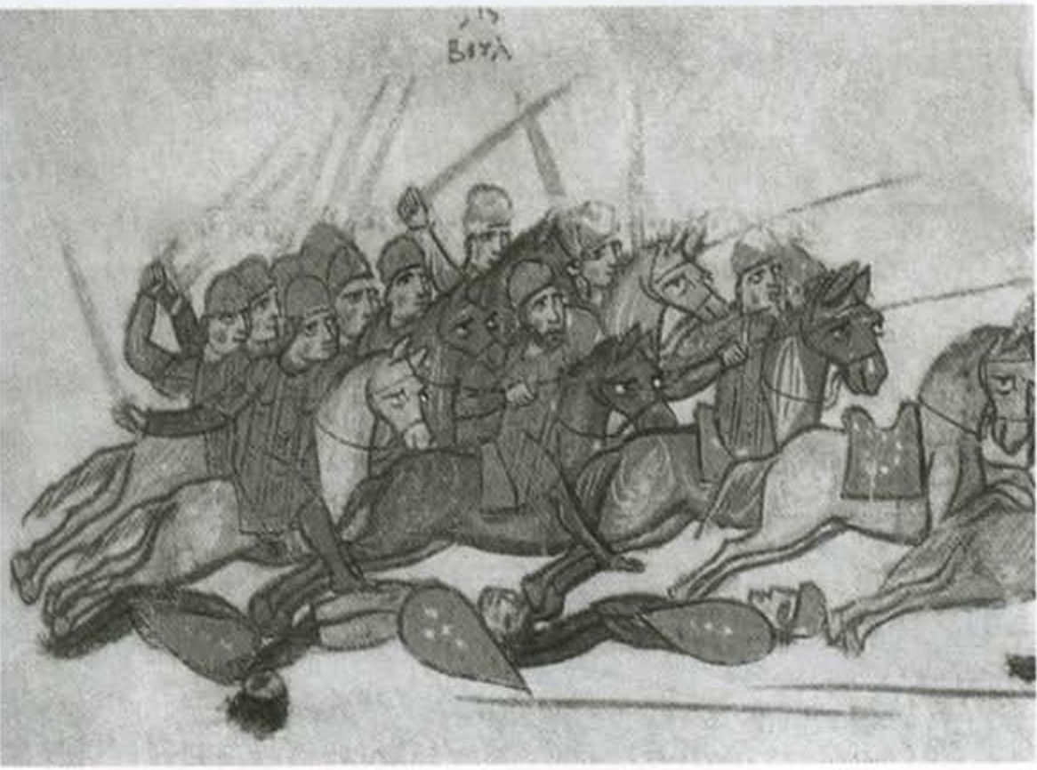 Болгарская армия паря Симеона преследует византийцев. Миниатюра Мадридского списка «Хроники» Иоанна Скилицы. XII в
