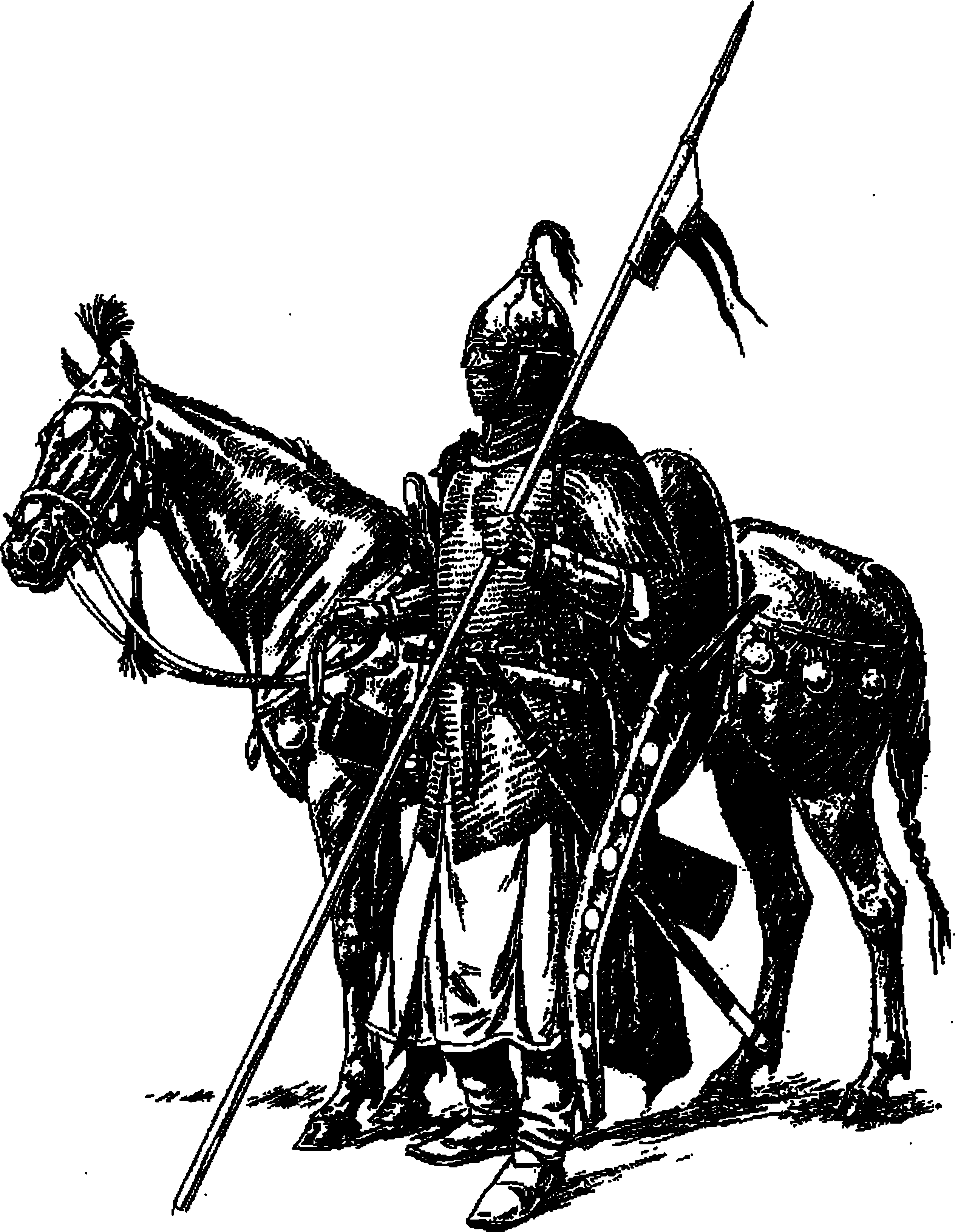 Рис. 122. Всадник — тяжеловооруженный воин с конем на поводу. Рисунок художника О. Федорова