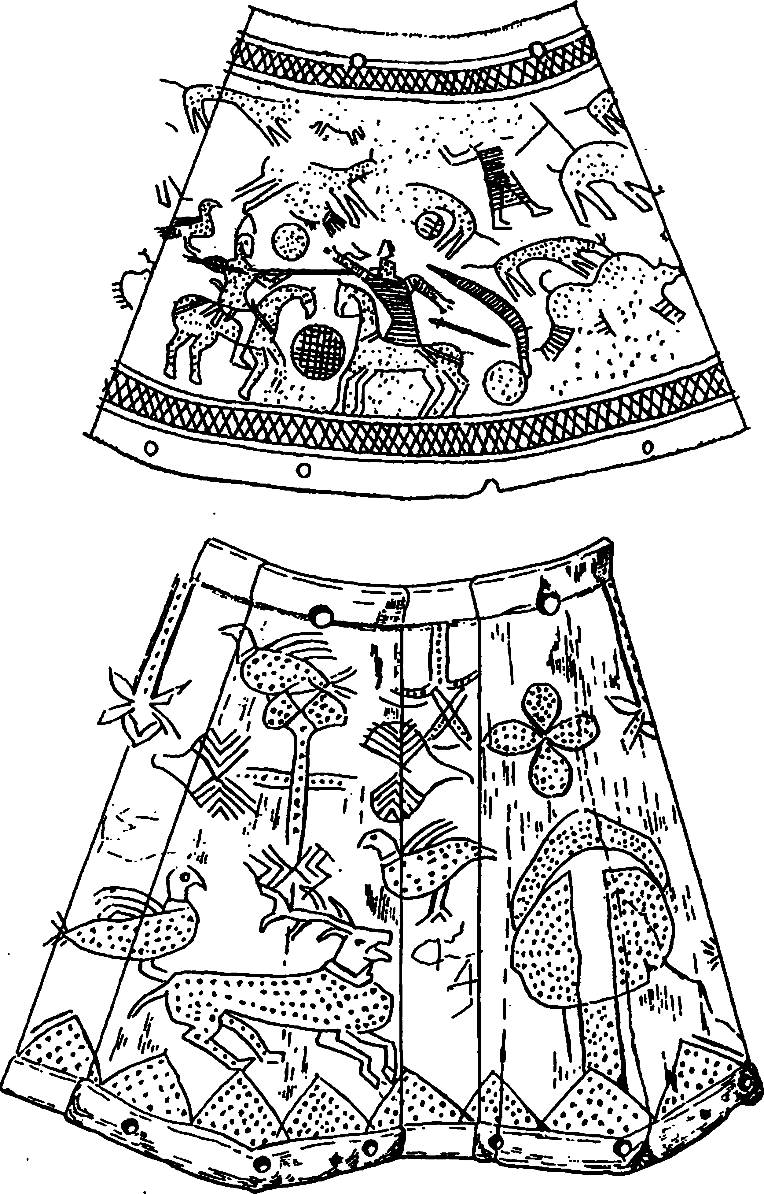 Рис. 124. Реликварии со сложными мифолого-сказочными изображениями из Салтова и Саркела. Оба представлены в развернутом виде