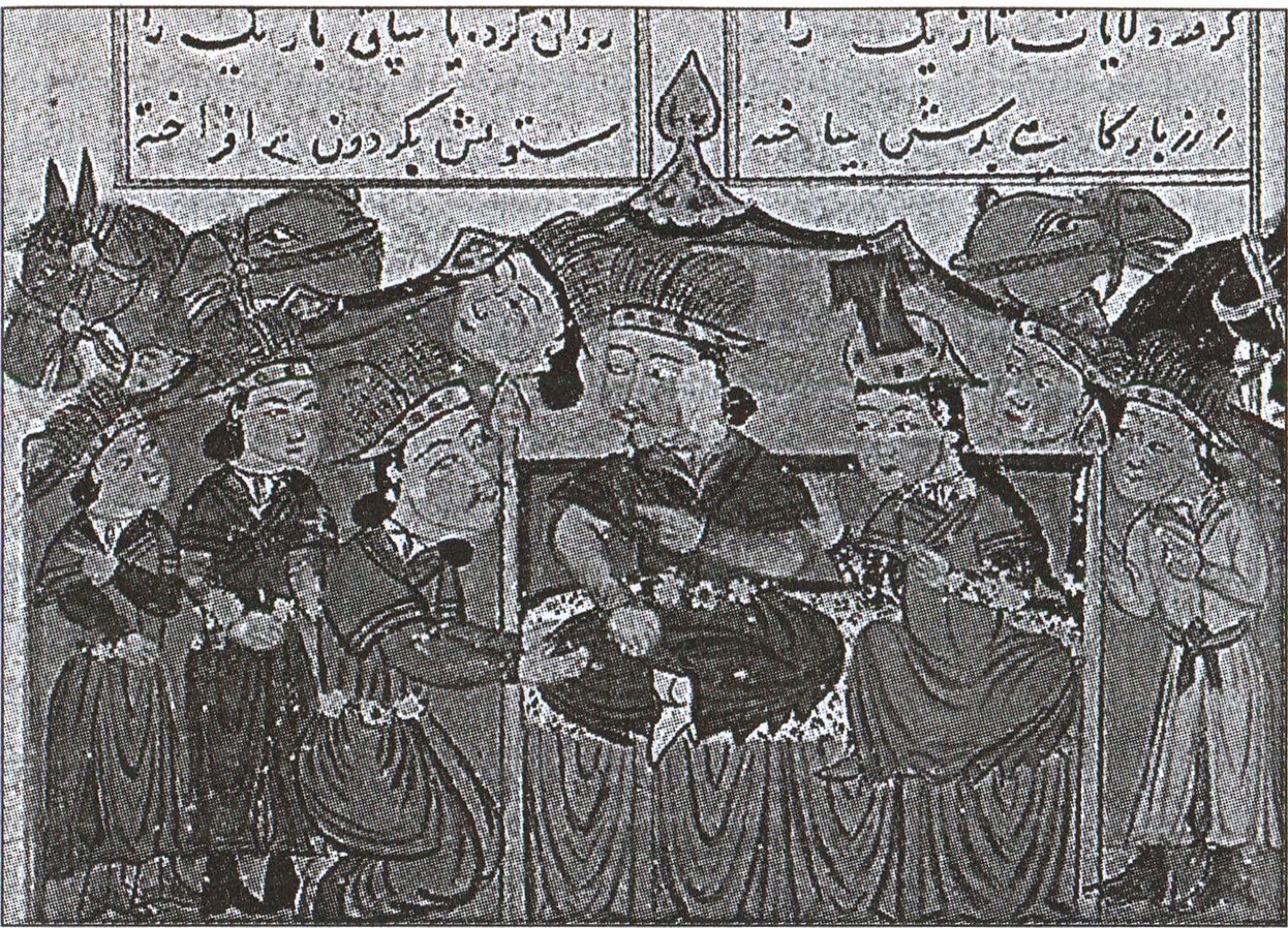 Чингисхан в шатре с женой и слугами. Иранская миниатюра