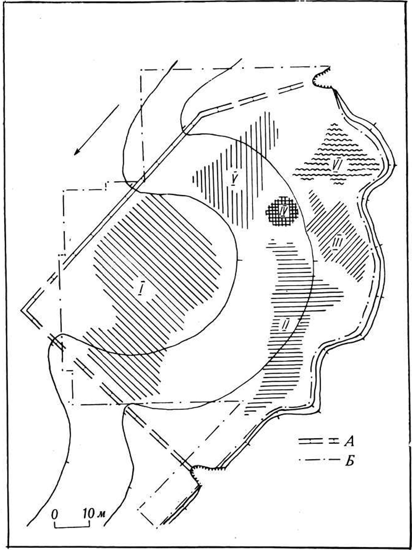 Рис. 5. План Сухогомольшанского могильника: А — ров; Б — границы раскопа; I—VI — локальные группы