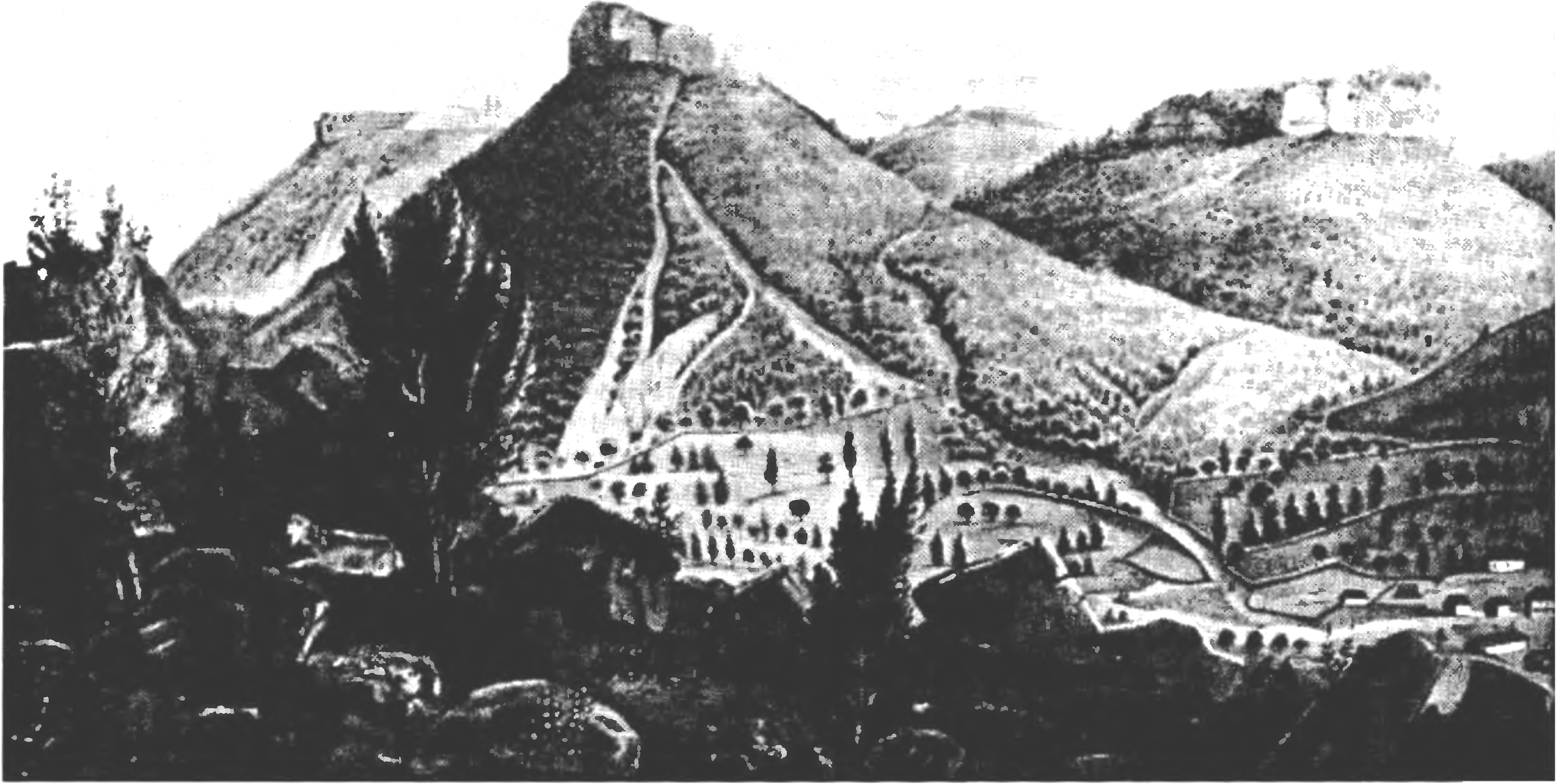 Общий вид Мангупского городища (из альбома Дюбуа де Монпере)
