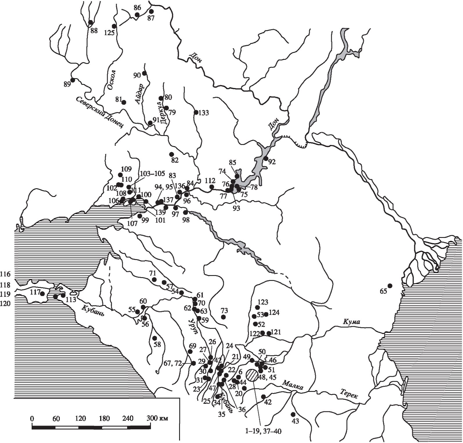 Рис. 3. Карта распространения котлов с внутренними ручками-ушками на юге России (по: Лопан, 2007)