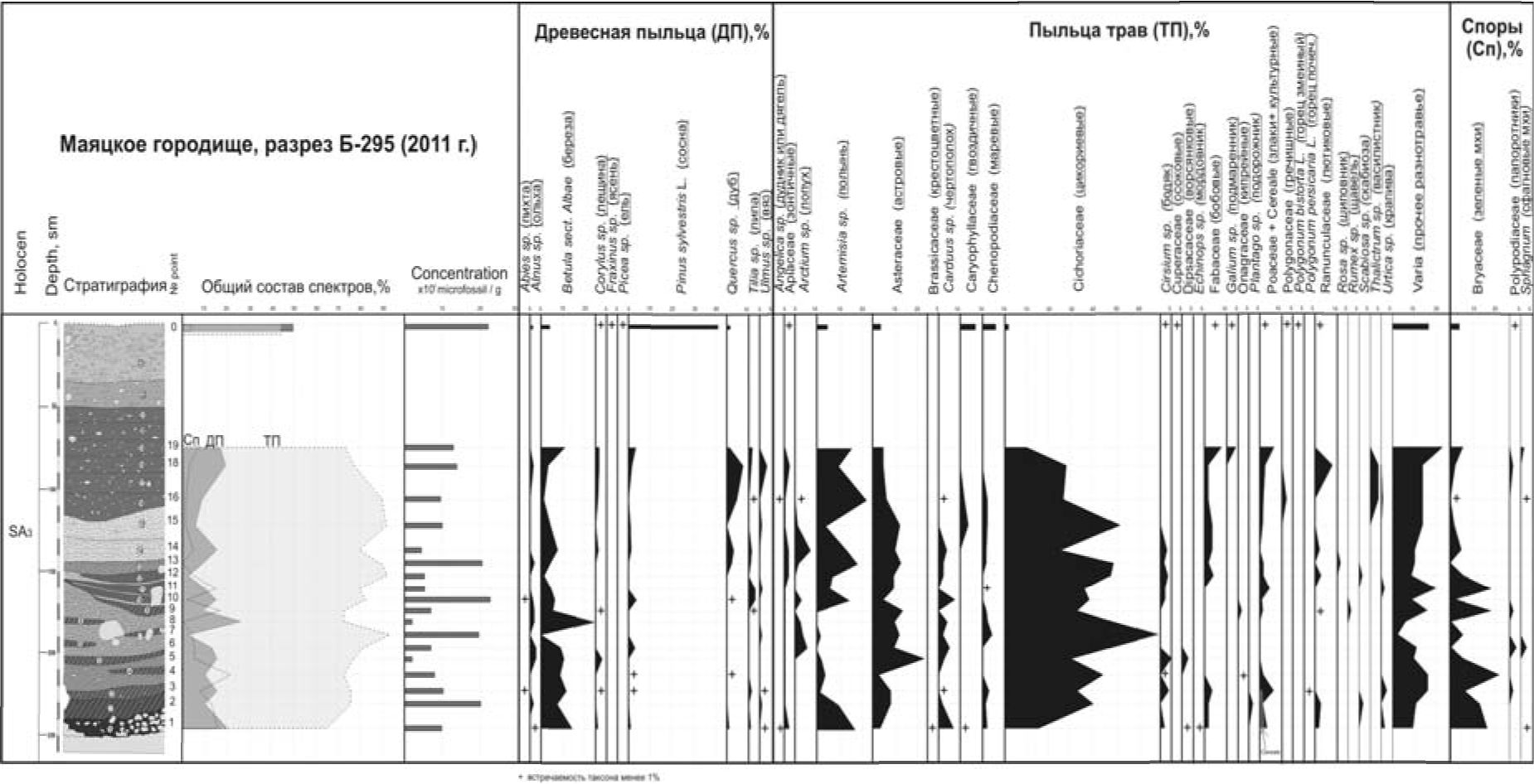 Рис. 3. Спорово-пыльцевая диаграмма отложений рва Маяцого городища (разрез Б-295)