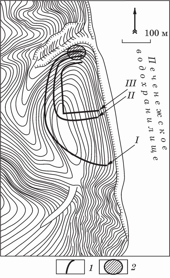 Рис. 79. Городище Верхний Салтов; 1 — линии оборонительных сооружений, их номера, 2 — место отбора образцов грунта